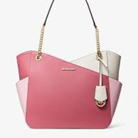 NWT Michael Kors Jet Set Leather Shoulder Bag Tote Pink Gold Chain Ivory Blush